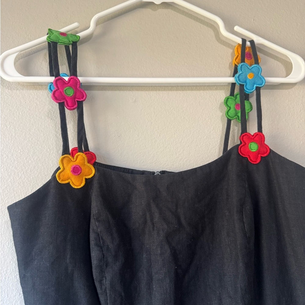 Vintage 90s floral strap Elegant Black Dress Colorful Straps cotton linen size10 - Picture 2 of 5